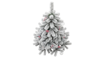 Isolated flocked Christmas tree is decorated with ornaments and candy canes for the holidays