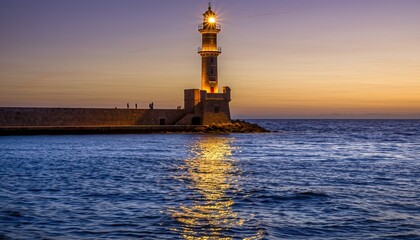 Historic Stone Lighthouse Illuminated At Dusk Over Calm Ocean Waters With Golden Sunset Reflections