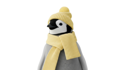 Isolated young emperor penguin wearing hat and scarf for winter, cute and whimsical