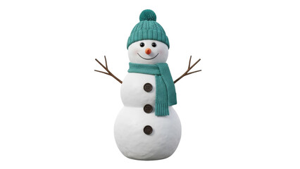 Isolated snowman wearing a green scarf and hat with pompom stands, ready for the winter holiday