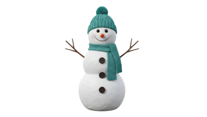 Isolated snowman wearing a green scarf and hat with pompom stands, ready for the winter holiday