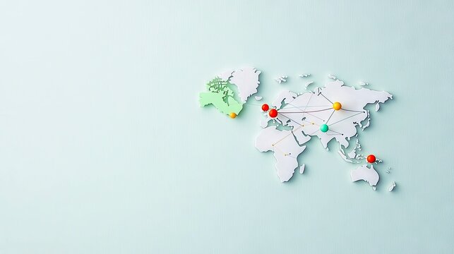 A paper world map with colorful push pins and connecting lines on a light blue background. The image suggests global connections and networking.