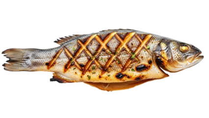 Deliciously grilled sea bassstyle fish garnished with thyme isolated on transparent background ready to eat