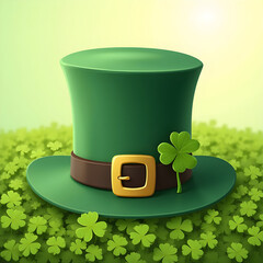 Green leprechaun hat with buckle on grass filled with clovers  
