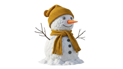 Isolated happy snowman with yellow scarf and hat on a bright day, waiting for Christmas