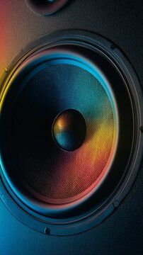 Immersive audio experience captured: vibrant speaker cone with gradient blue, yellow, and red hues showcasing dynamic sound technology and design precision