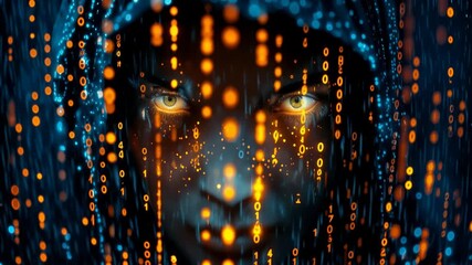 Digital face with glowing eyes surrounded by falling binary code. Tilt camera movement reveals data streams in blue and orange light. - Powered by Adobe