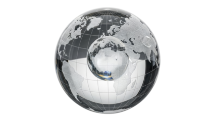 Isolated glass globe nested inside a larger glass globe on a clean neutral backdrop