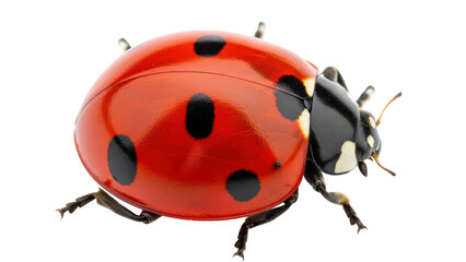 Isolated close-up of a bright red ladybug with black spots crawling, looking to the right side © Andrei