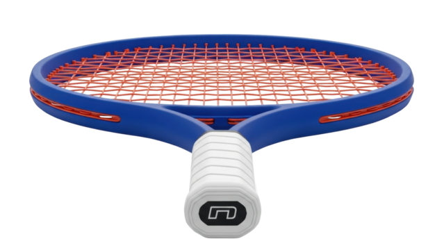Isolated blue and orange tennis racket with a white handle on a neutral surface for sport - Powered by Adobe
