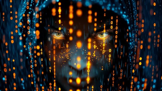 Digital face with glowing eyes surrounded by falling binary code. Tilt camera movement reveals data streams in blue and orange light.