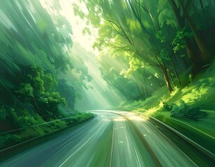 Scenic route through lush green forest with sun rays shining through trees