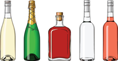 Five assorted bottles of alcoholic beverages including champagne wine and spirits