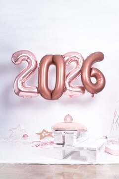 Balloon inscription 2026. New Year's celebration. Decoration, photo studio decor. Rose gold.