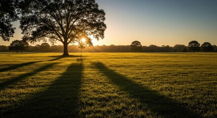 Sunrise over a grassy field with a large tree casting long shadows