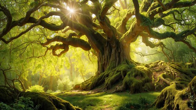 Sunlight streaming through ancient forest canopy with massive moss-covered tree trunk. Lockdown shot of temperate woodland ecosystem.