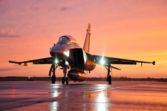 A powerful military fighter jet stands parked on the airport runway at sunset, showcasing its aerodynamic design, advanced engineering, and strong aviation presence as the pilot prepares. - Powered by Adobe