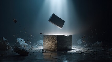 A floating block hovers above a stone platform under a beam of light. 