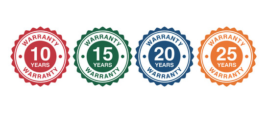Collection of four warranty seals displaying 10, 15, 20, and 25 years of coverage against a white background.