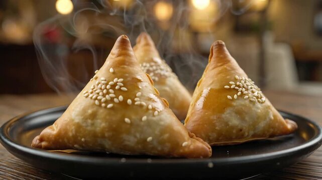 Three hot, steaming samsa pastries topped with sesame seed served on a dark plate in a warm setting