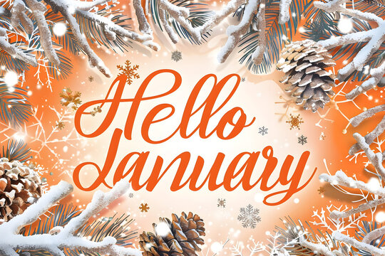 Elegant winter greeting card design with bold hello january text and snowy pinecones