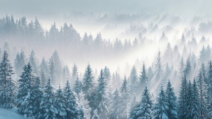 Obraz premium Winter snow scene with pine forest background, fog and sunlight, idyllic winter landscape banner design for festive christmas concept and seasonal decorative use.