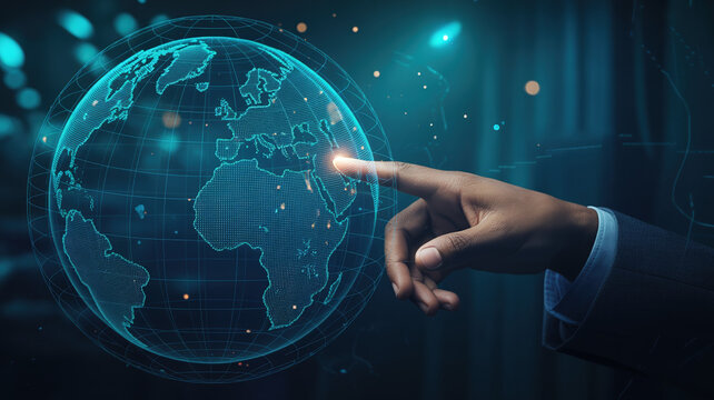 Hand of a business professional interacting with a digital globe interface, showcasing global connectivity and technology in a modern business environment with vibrant lighting