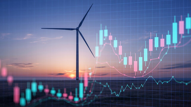 Wind turbine silhouette against a vibrant sunset sky, with overlaid financial data charts, symbolizing renewable energy investment and market trends in a modern landscape