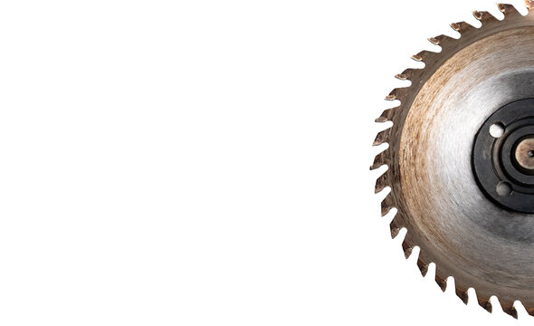 Metal circular saw blade on a white background. Sharp teeth detail, industrial cutting tool, woodworking and construction equipment concept.