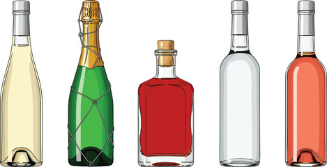 Five assorted bottles of alcoholic beverages including champagne rosé and spirits