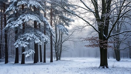 Snow-covered forest with bare trees and mist winter