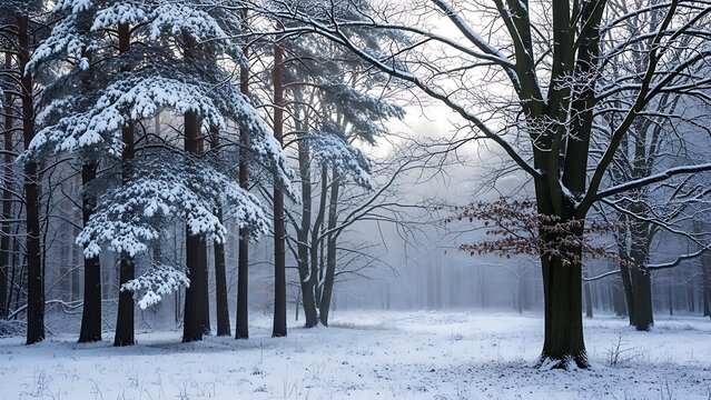 Snow-covered forest with bare trees and mist winter