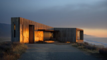 Rustic modern beach house with concrete base and natural wood panels cinematic sunrise casting golden rim lighting across