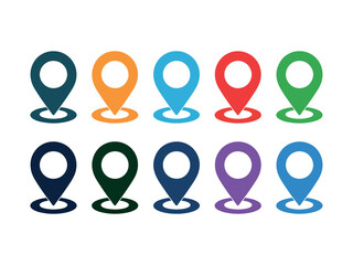A collection of ten colorful map pin icons are displayed in two rows against a white background, representing various locations.
