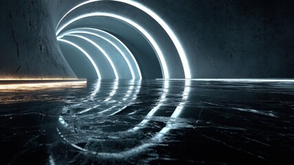 Futuristic Abstract Architectural Space with Curved Neon Light