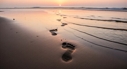 Footprints on sandy beach at sunset, tranquil seascape, coastal walk