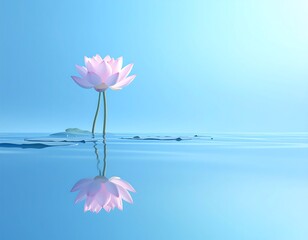 Serene lotus blossom on reflective water surface against light blue sky background