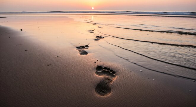 Footprints on sandy beach at sunset, tranquil seascape, coastal walk