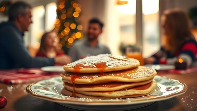 사람들과 함께먹는 식사자리 식탁위에 놓인 팬케이크와 시럽Pancakes and syrup on the dining table