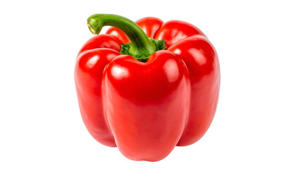 Glossy red bell pepper with bright green stem on dark background