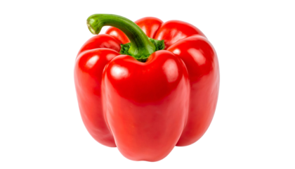 Glossy red bell pepper with bright green stem on dark background