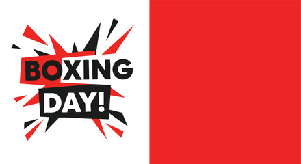 Dynamic Boxing Day sale event announcement graphic with vibrant text on a split white and red background for commercial advertising purposes