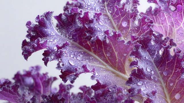 Vibrant purple ornamental kale leaf glistens with refreshing water drops