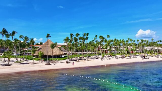 Caribbean palm-lined resort beach. Atlantic Ocean coastline. Summer vacation. Tall palm trees on the white sand of the seashore. Barcelo B&aacute;varo Beach, Dominican Republic &ndash; October 20, 2024.