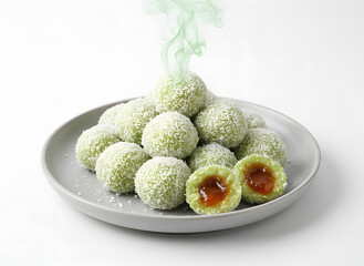 Traditional Green Rice Balls Dessert on Plate