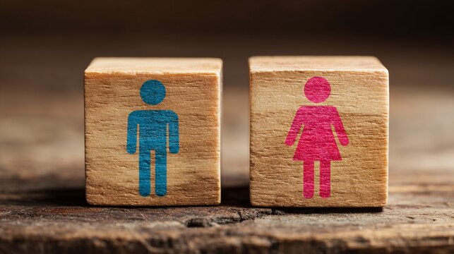 A pair of wooden blocks displaying the male and female symbols in blue and pink on a rustic wooden surface, symbolizing gender identity and inclusion in modern society today. - Powered by Adobe