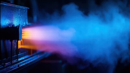 Obraz premium Furnace humidifier concept. Vibrant smoke and light from a creative source in a dark setting.