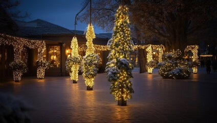 Residential home decorated with warm white Christmas lights on trees, bushes, and house exterior at evening twilight