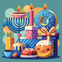 Hanukkah celebration: candles, gifts, donuts, and festive holiday elements. hanukkah