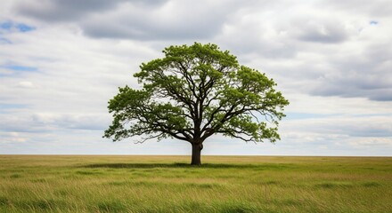 Obraz premium Lone oak tree stands in a sunlit meadow under a cloudy sky, daytime.
